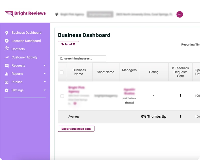 Bright Reviews dashboard interface showing business analytics, customer reviews management, and reporting features