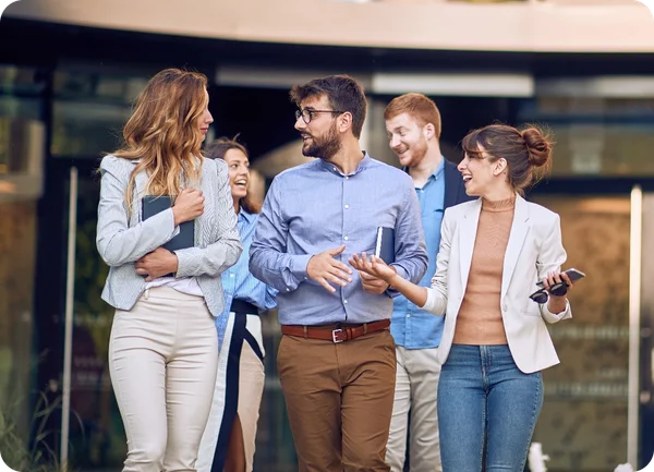 Professional business team of five people collaborating in a modern office environment